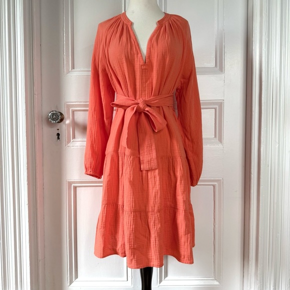 NWT Rails Women’s Aureta V-Neck Tiered Organic Cotton Belted Dress Papaya Medium - Picture 5 of 15